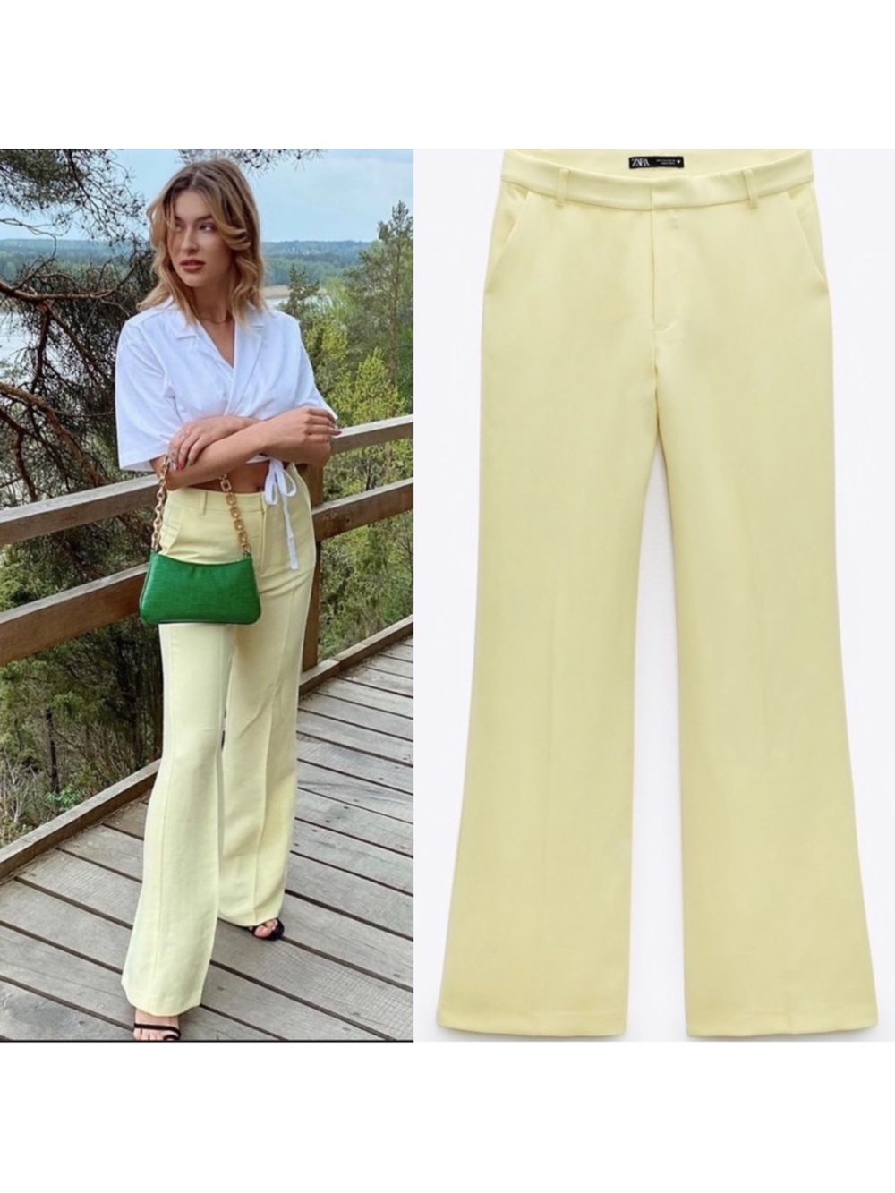 NWT Zara Chartreuse Lime Wide Leg High Rise Trousers M Office Siren